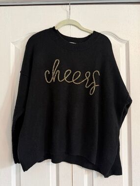CeCe Black Cheers Gold Beaded Oversized Sweater Large
